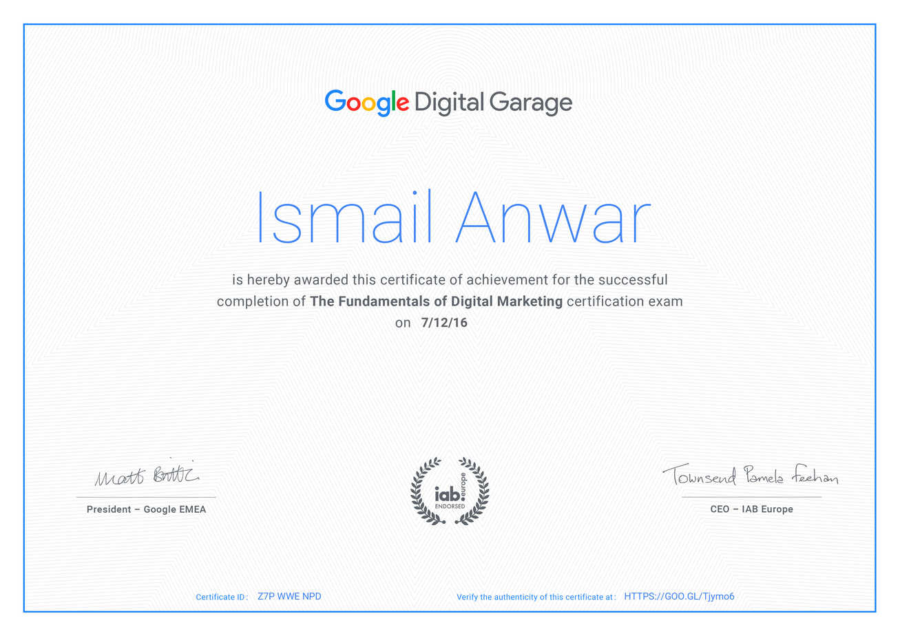شهادة Google Digital Garage في أساسيات التسويق الرقمي — إسماعيل أنور